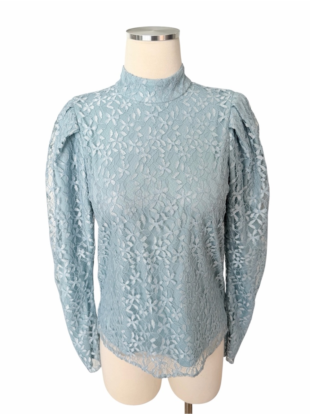 WAYF Lace Mock Neck Puff Sleeve Top - Light Blue Sz S